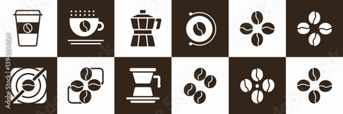 Coffee and cafe icons with espresso, to-go cup, tamper, and beans on dark brown background
