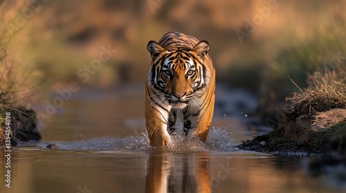 A powerful Bengal tiger confidently strides through the water, embodying the raw essence of the wilderness. The image radiates strength.
