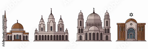 Religious architecture vector icon set in a row – Perfect for culture-based marketing, spiritual design, or academic materials