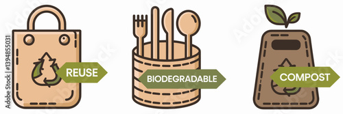 Eco-friendly icon set of sustainable living tools and composting solutions