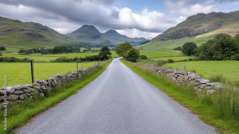 Fototapeta premium Rural road through lush countryside, leading to mountains