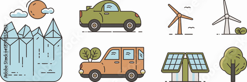 Global warming icon set with glacier, carbon footprint, and green energy