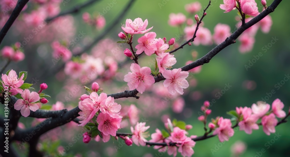 Soft Pink Flowers Gracing Branches Against a Vibrant Green Backdrop Soft Pink Flowers Gracing Branches Against a Vibrant Green Backdrop