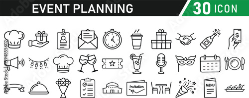 Events and Planning icon set. Includes balloon, confetti, party hat, gift, event ticket, decoration, and more. Editable stroke. Vector illustration
