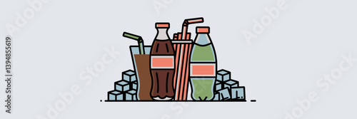 Vector icon set of cola bottle, lemonade bottle, straws, and ice cubes on white background