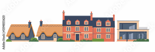 Vector icon set of houses with thatched roofs and modern designs – Suitable for home interface elements, neighborhood planning, or architectural concepts