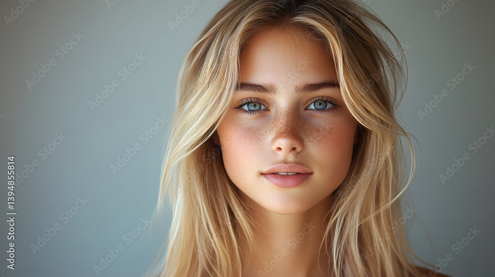 Fototapeta premium Blonde woman with freckles showing natural beauty