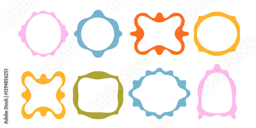 Colorful abstract frame illustration set. Vintage style wavy shape design collection. Geometric decorative borders, hand drawn flat elements for modern layout, posters, scrapbooking, social media