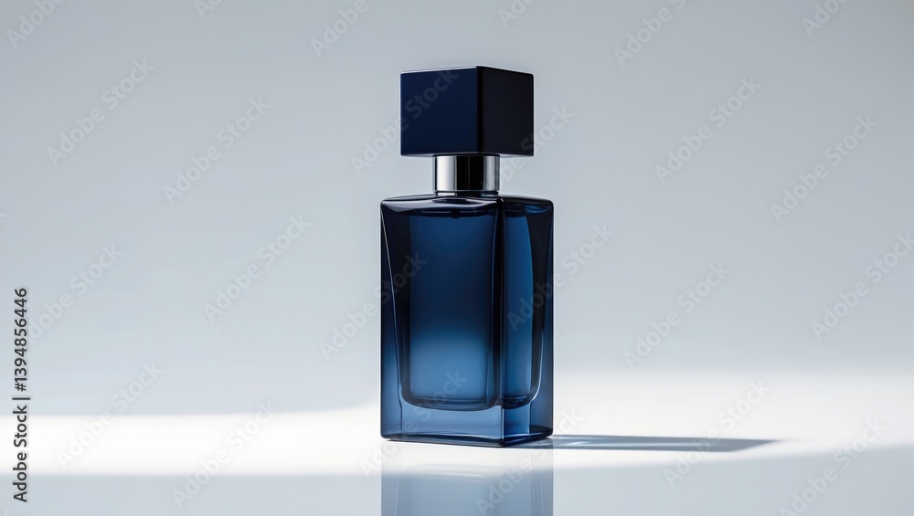 White background featuring an isolated dark blue perfume bottle with a reflection and clipping path. White background featuring an isolated dark blue perfume bottle with a reflection and clipping path.