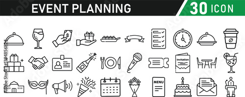 Events and Planning icon set. Includes balloon, confetti, party hat, gift, event ticket, decoration, and more. Editable stroke. Vector illustration