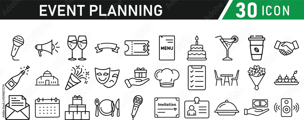 Events and Planning icon set. Includes balloon, confetti, party hat, gift, event ticket, decoration, and more. Editable stroke. Vector illustration Events and Planning icon set. Includes balloon, confetti, party hat, gift, event ticket, decoration, and more. Editable stroke. Vector illustration