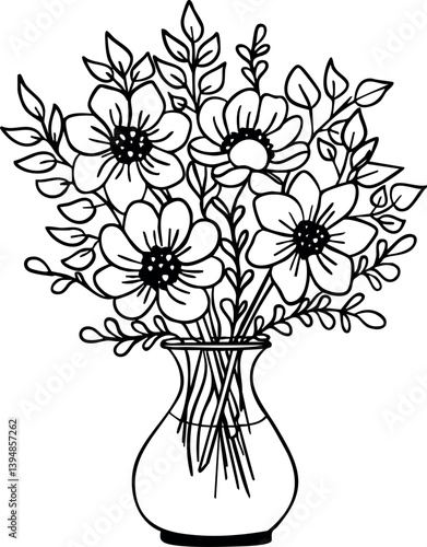 Handdrawn floral bouquet in a vase. Flowers line art vector illustration