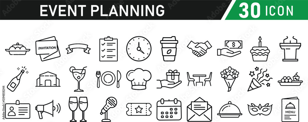 Naklejka premium Events and Planning icon set. Includes balloon, confetti, party hat, gift, event ticket, decoration, and more. Editable stroke. Vector illustration