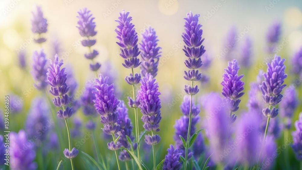 Obraz premium Field of Blooming Lavender Flowers Illuminated. Blurry Purple Lavender Flowers Offering Copy Space. Summer Landscape Backdrop.