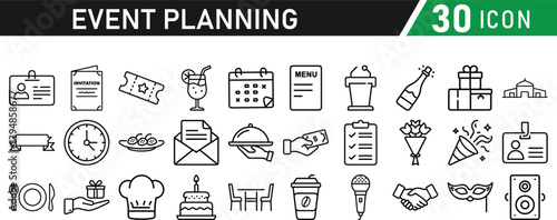 Events and Planning icon set. Includes balloon, confetti, party hat, gift, event ticket, decoration, and more. Editable stroke. Vector illustration