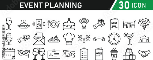 Events and Planning icon set. Includes balloon, confetti, party hat, gift, event ticket, decoration, and more. Editable stroke. Vector illustration