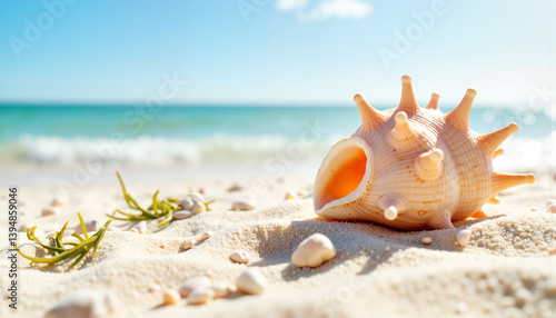 Beautiful seashell on sandy beach by tranquil waves, summer relaxation