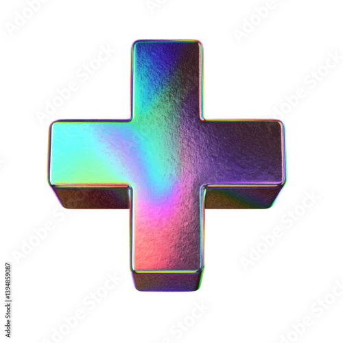 Glossy holographic plus sign representing addition and healthcare