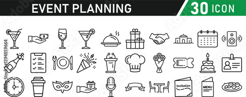 Events and Planning icon set. Includes balloon, confetti, party hat, gift, event ticket, decoration, and more. Editable stroke. Vector illustration
