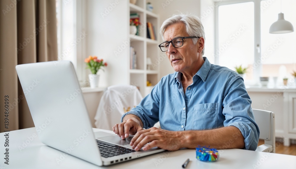 Senior checking bank account while focused at home office Senior checking bank account while focused at home office