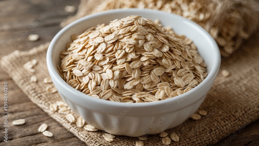 Bowl of rolled oats in white ceramic on a woven rustic backdrop. Suitable for breakfast, health-conscious snacks, or natural meal ideas. Bowl of rolled oats in white ceramic on a woven rustic backdrop. Suitable for breakfast, health-conscious snacks, or natural meal ideas.