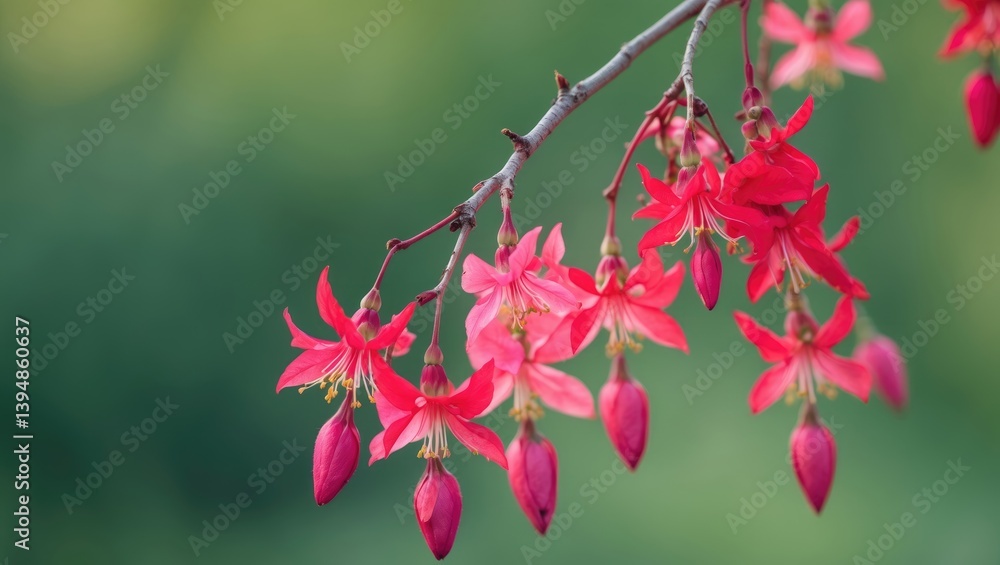 Vertical twig adorned with scarlet fuchsia blooms, detailed look at pink fuchsia flowers, lovely floral blossoms, flower petals and pollen, soothing green background Vertical twig adorned with scarlet fuchsia blooms, detailed look at pink fuchsia flowers, lovely floral blossoms, flower petals and pollen, soothing green background