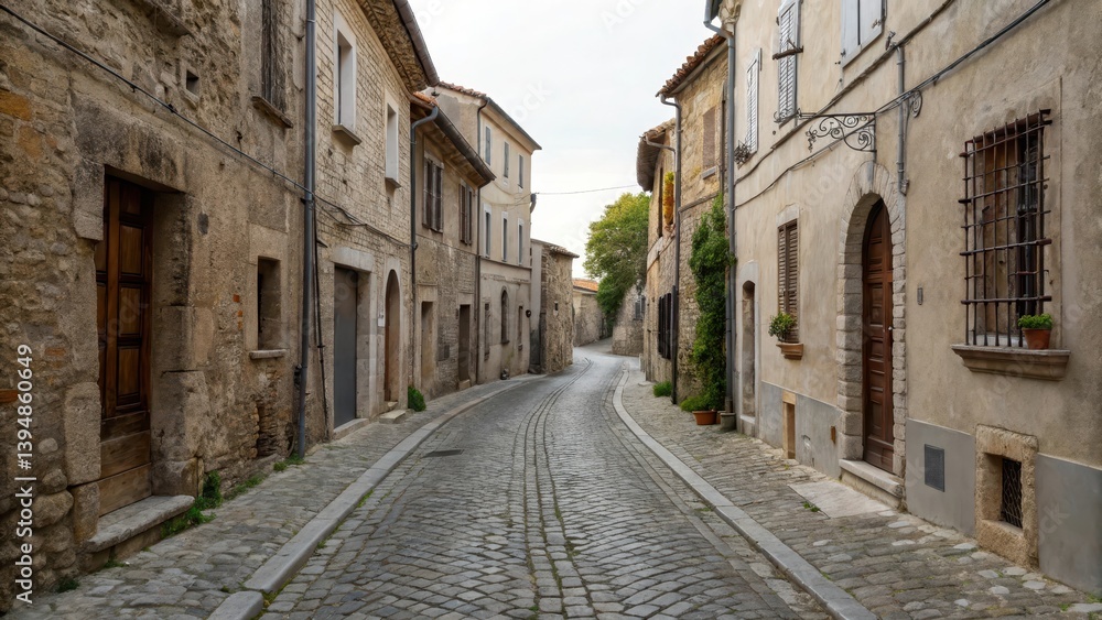 Fototapeta premium Narrow cobblestone street lined with historic buildings in a quaint village.