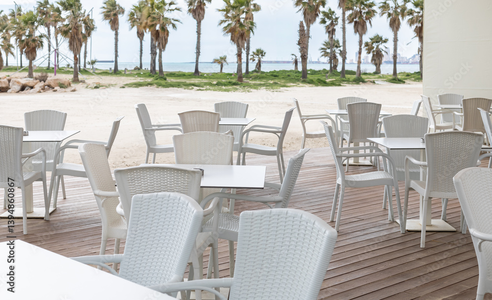 custom made wallpaper toronto digitalEmpty outdoor terrace of the restaurant cafe by the sandy beach with palm trees. Vacation and summer