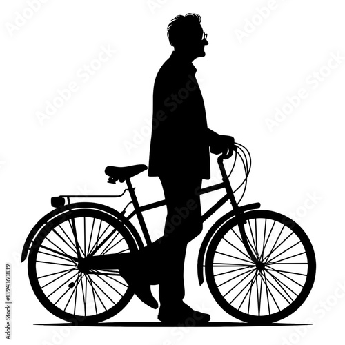 Elderly man walking with bicycle silhouette