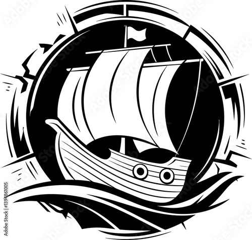 Drakkar viking on the waves with a sail vector illustration 
