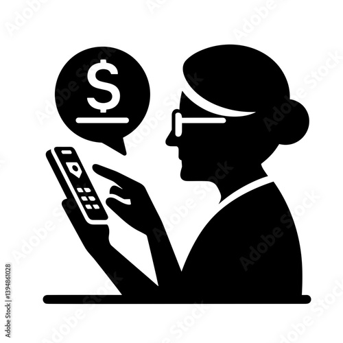 Elderly woman using mobile phone for banking silhouette