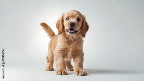 Lively youthful exuberance. Young English cocker spaniel dog posing. Cute and playful dog is enjoying itself and looking joyful isolated on a white background. Theme of motion and movement.
