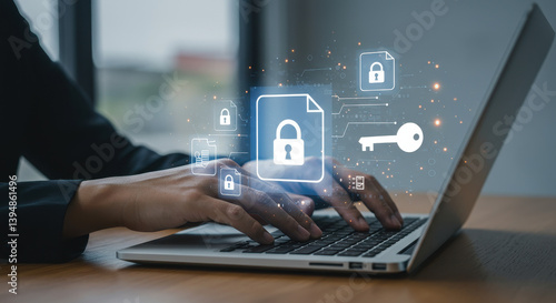 Data Security: Protect Your Files & Information. Secure Documents, Online Privacy, Digital Protection & Cyber Safety. Key to Cyber Security on Laptop
