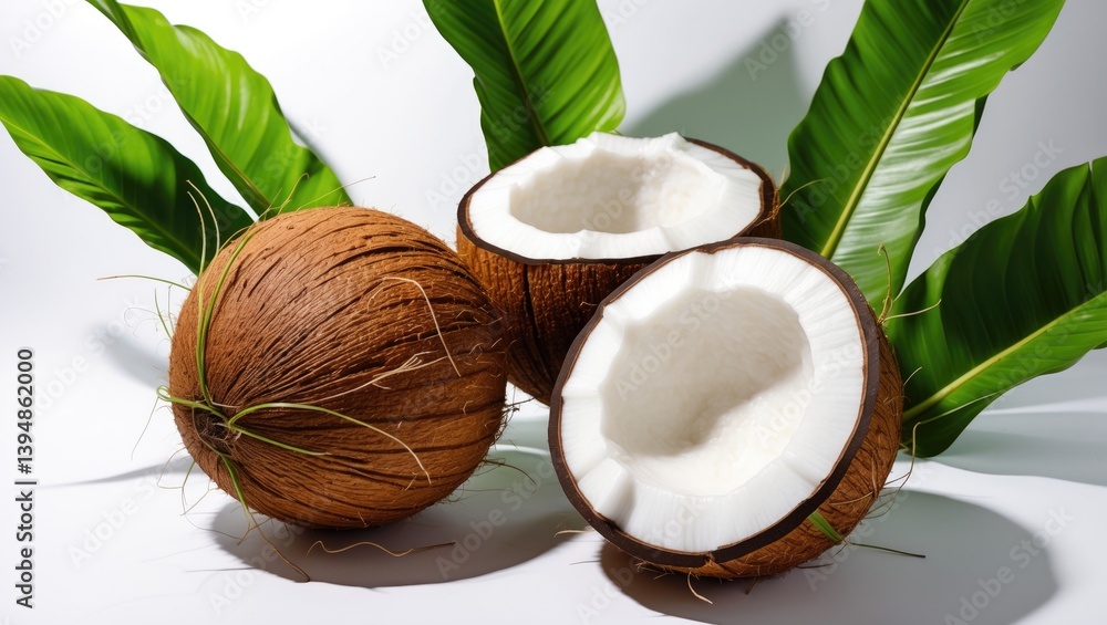 Flavorful coconuts accompanied by leaves, isolated on a white canvas Flavorful coconuts accompanied by leaves, isolated on a white canvas