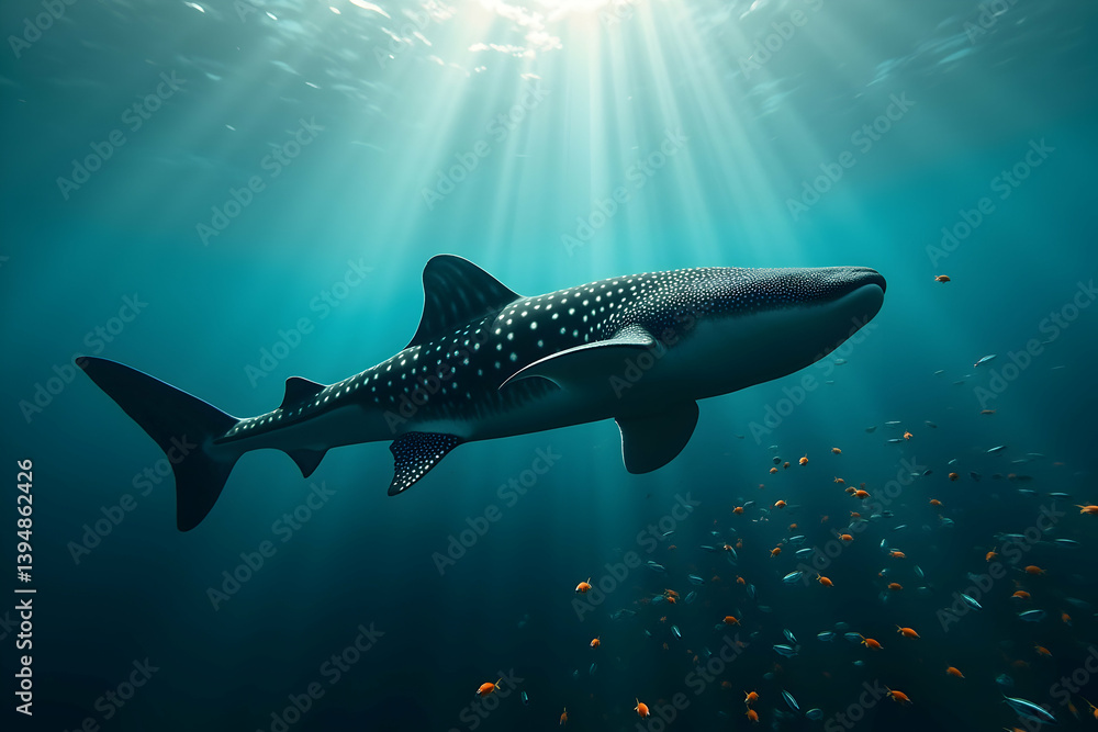 Fototapeta premium A Majestic Whale Shark Amidst a School of Vibrant Fish, A Glimpse into the Serene Beauty of Marine Life and the wonders of underwater ecosystems revealed