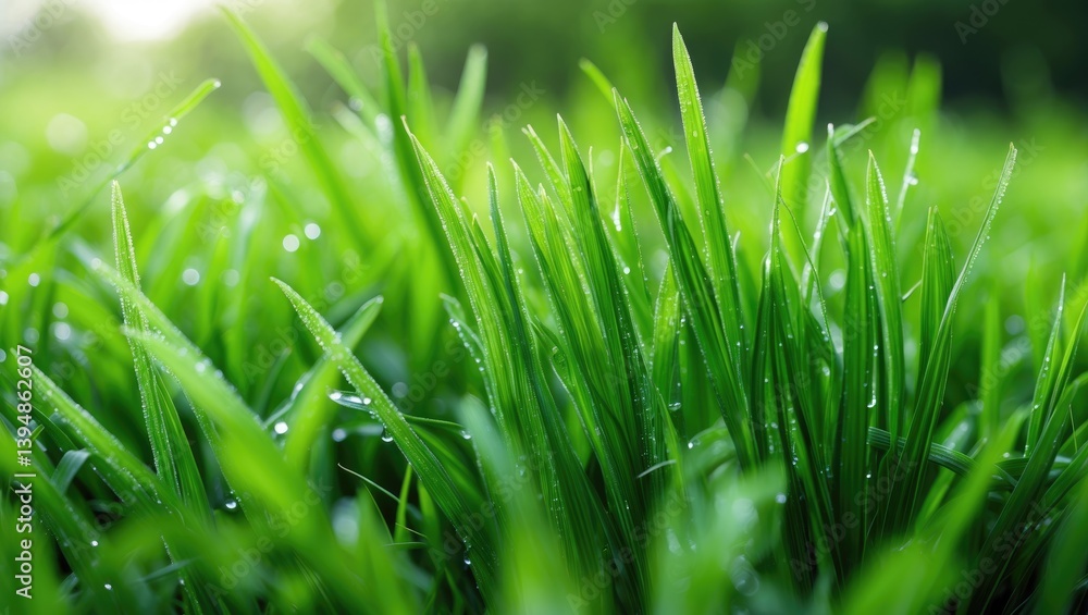 Obraz premium Fresh Spring Morning Showcasing Dewy Green Grass Blades