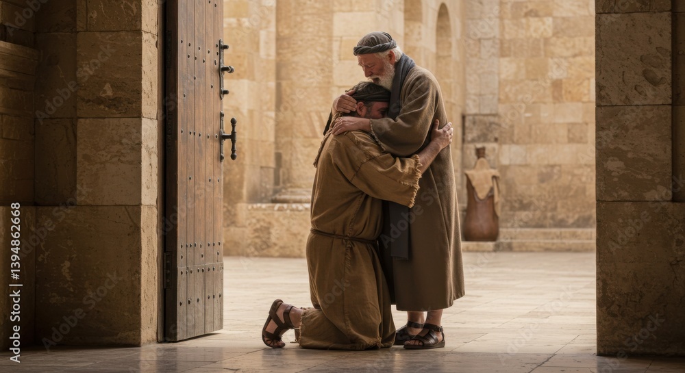 Fototapeta premium Man kneeling before elderly father in biblical scene. Prodigal son returns home. Concept of forgiveness and reunion for greeting card and religious theme