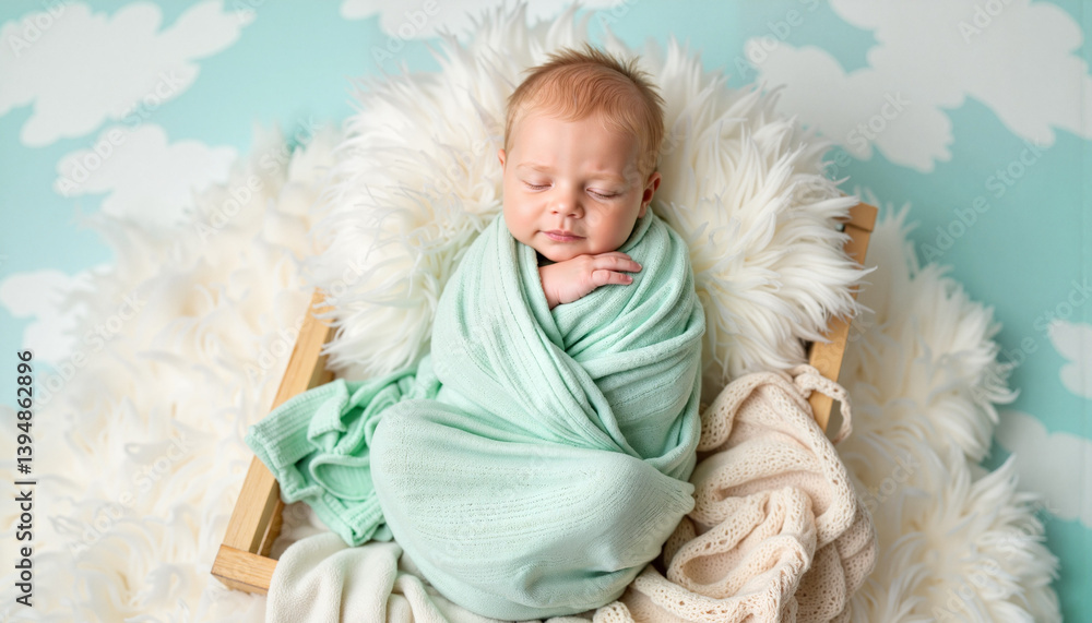 Peaceful sleeping baby wrapped in mint green blanket, innocence and serenity Peaceful sleeping baby wrapped in mint green blanket, innocence and serenity