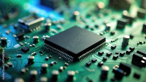 Green circuit board containing a black IC chip and various small electronic devices, reflecting technology, hardware, and electrical engineering.