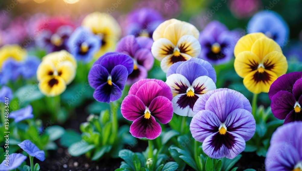 Zoomed-in image of colorful pansy plants in a garden