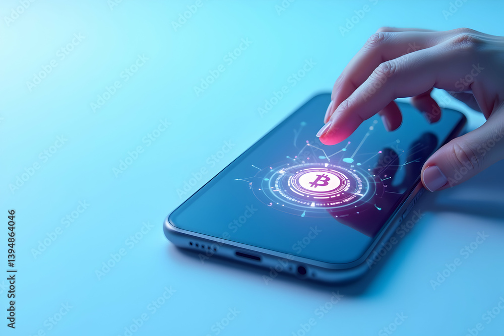 A modern smartphone with a sleek metallic design displays a digital cryptocurrency interface being operated by a person's fingers with crypto currency concept