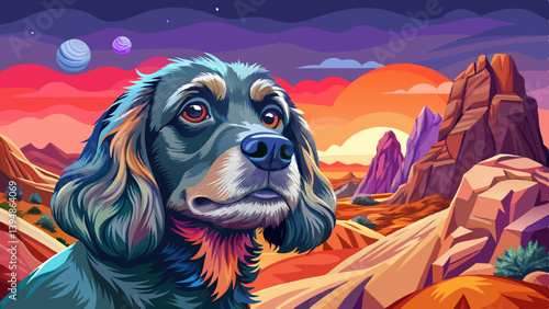 Cocker Spaniel Dog portrait on mysterious land under a strange colored sky, animal pet banner