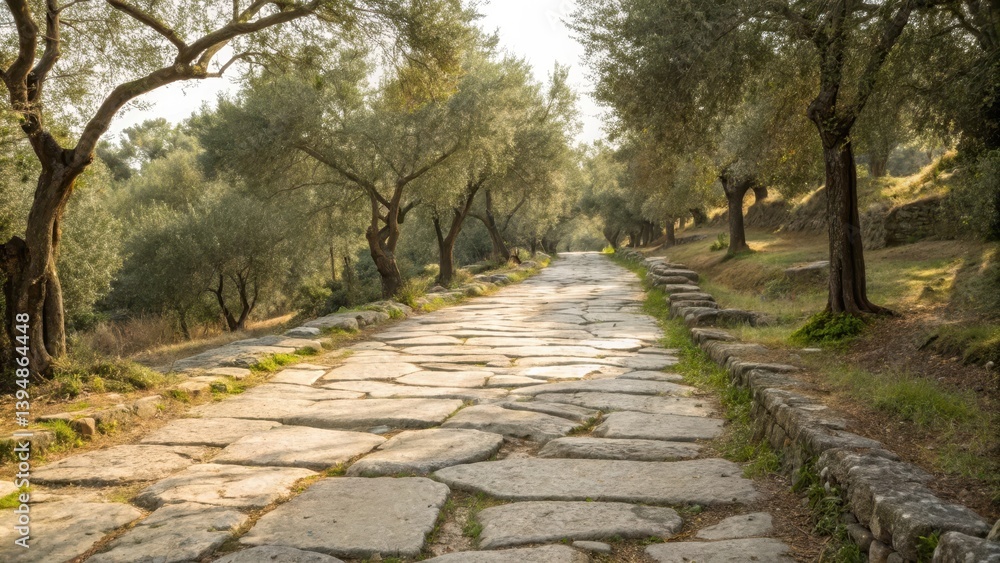 A serene stone path lined with olive trees in a tranquil landscape. A serene stone path lined with olive trees in a tranquil landscape.