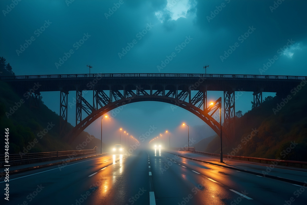 Obraz premium A Moody Atmospheric Scene of a Bridge at Twilight with Car Lights Streaking Across the Wet Pavement and a Dramatic Sky Above Creating a Sense of Mystery