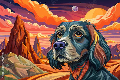 Cocker Spaniel Dog portrait on mysterious land under a strange colored sky, animal pet banner