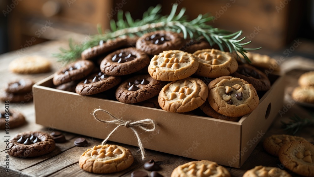 Fototapeta premium Eco-friendly brown box showcasing a close-up of original cookies with chocolate sea salt