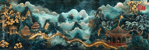 teal vector chinese mountains landscape with pavilions in style of embroidery craft illustration
