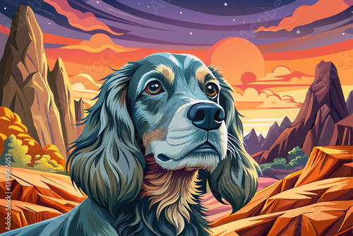 Cocker Spaniel Dog portrait on mysterious land under a strange colored sky, animal pet banner