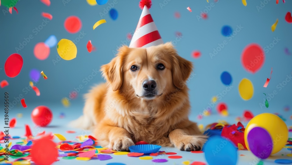 Sweet dog reveling at a celebration with confetti and a festive hat