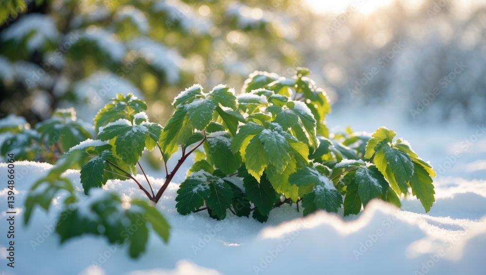 Fototapeta premium Bright green leaves surface beneath a light layer of snow, highlighted by the soothing sun, creating a harmonious contrast of nature and the cold of winter in a peaceful garden.